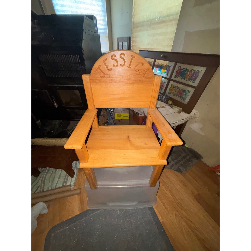 Vintage Personalized Jessica Wooden Child Armchair Natural Wood Kids Chair 27in